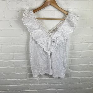 Loft Women's Deep V-Neck Eyelet Blouse Top Sleeveless White Size Small